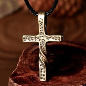 Textured Cross Pendant Necklace | Bronze Tone Twisted Cross on Black Cord